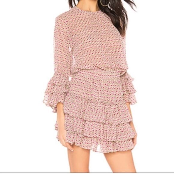 MISA Los Angeles Floral Mini Dress Ruffle Tiered Smocked Waist Size M - Picture 1 of 12